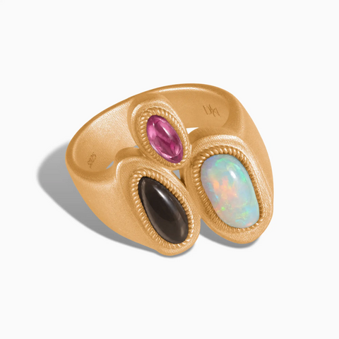 18KT Yellow Gold Vermeil Asymmetrical Opal & Smoky Quartz Vintage Ring - Archipelago Front View