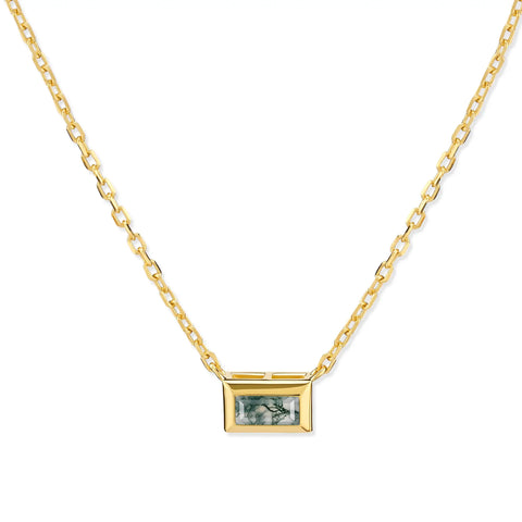 18KT Yellow Gold Vermeil Baguette Moss Agate Bezel Necklace - Axiom Front View