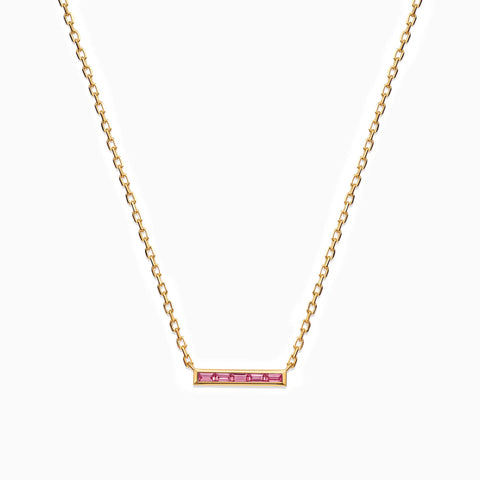18KT Yellow Gold Vermeil Baguette Pink Tourmaline Bar Necklace - Lucid Line Front View