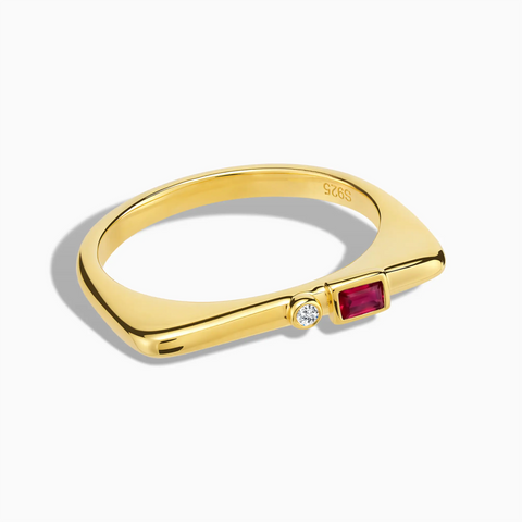 18KT Yellow Gold Vermeil Baguette Ruby Puzzle Stacking Ring - Minimal Mood Front View