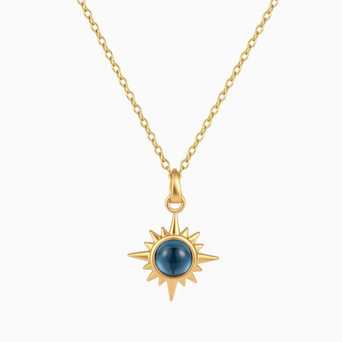 18KT Yellow Gold Vermeil Cabochon London Blue Topaz Radiant Necklace - Sunburst Front View