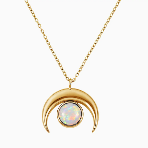Cabochon Opal Crescent Moon Necklace - Lunar Halo