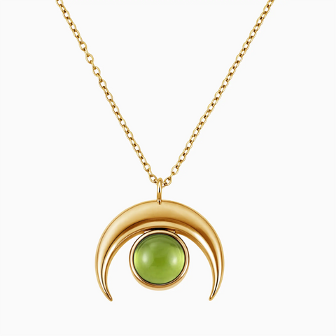 18KT Yellow Gold Vermeil Cabochon Peridot Crescent Moon Necklace - Lunar Halo Front View