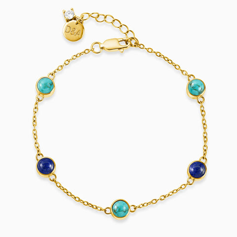18KT Yellow Gold Vermeil Cabochon Turquoise & Lapis Lazuli Bracelet - Constellation Front View