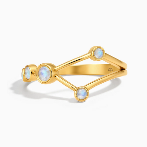 18KT Yellow Gold Vermeil Cancer Zodiac Constellation Ring - Moonstone Front View