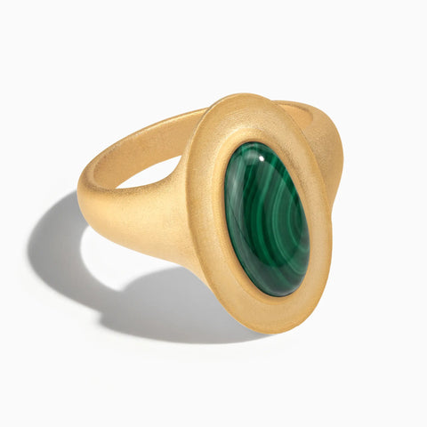 18KT Yellow Gold Vermeil Chunky Oval Malachite Sandblasted Ring - The Zenith Front View