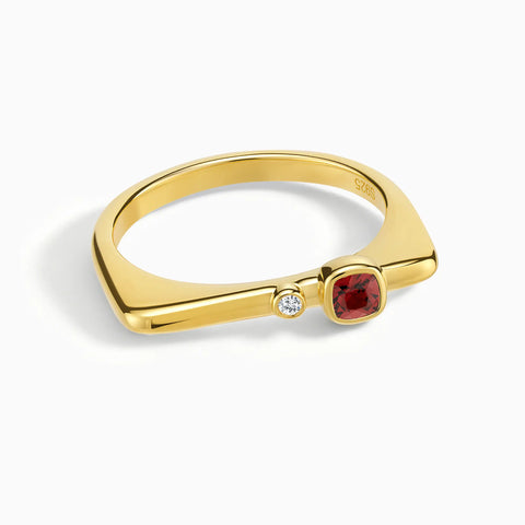 18KT Yellow Gold Vermeil Cushion Garnet Puzzle Stacking Ring - Minimal Serenity Front View