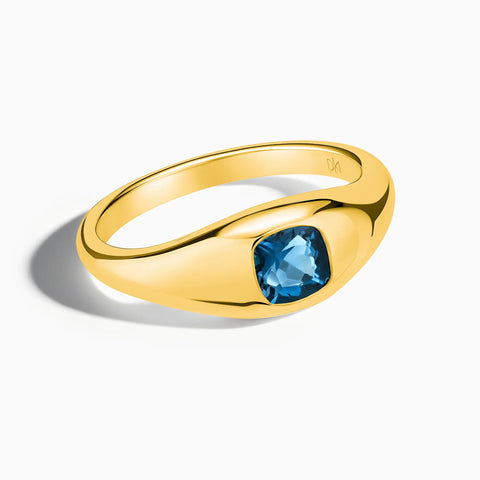 18KT Yellow Gold Vermeil Cushion London Blue Topaz Signet Ring - Monolith Front View