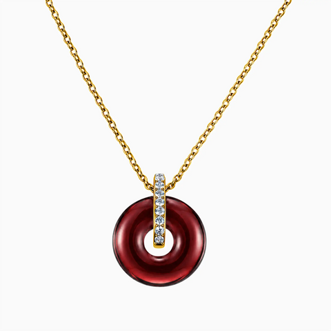18KT Yellow Gold Vermeil Donut Garnet Pave Bar Necklace - Origin Loop Front View