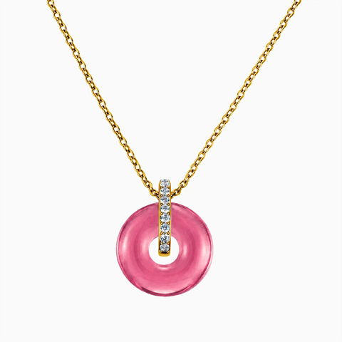 18KT Yellow Gold Vermeil Donut Pink Tourmaline Pave Bar Necklace - Origin Loop Front View