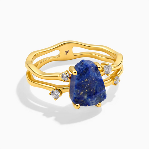 18KT Yellow Gold Vermeil Double Band Raw Lapis Lazuli Ring - Interweave Front View