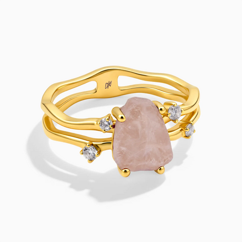 18KT Yellow Gold Vermeil Double Band Raw Rose Quartz Ring - Interweave Front View