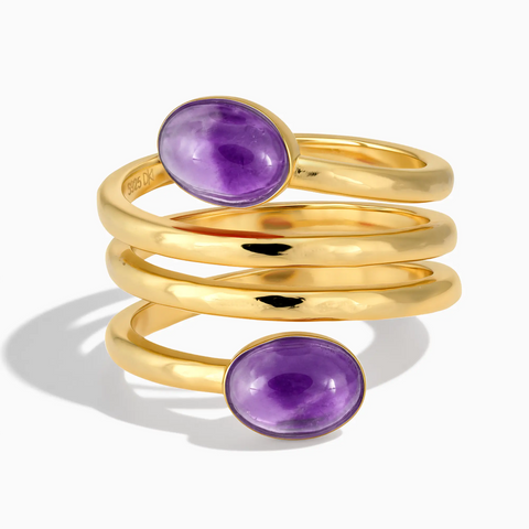 18KT Yellow Gold Vermeil Double Cabochon Amethyst Coil Ring - Endless Winding Front View