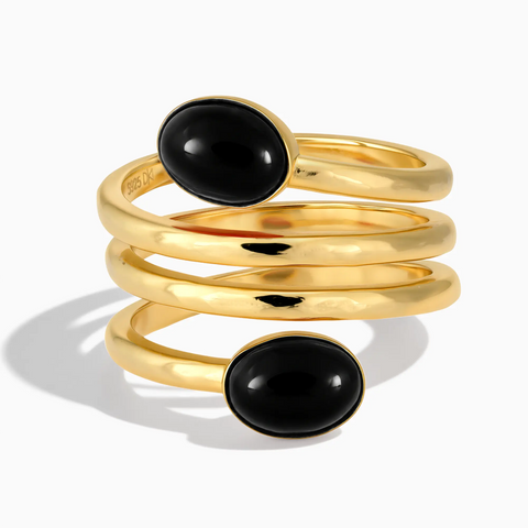 18KT Yellow Gold Vermeil Double Cabochon Black Onyx Coil Ring - Endless Winding Front View