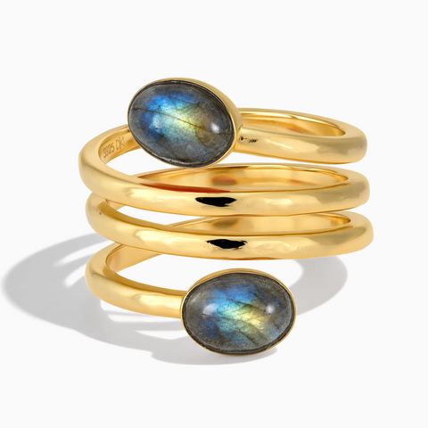 18KT Yellow Gold Vermeil Double Cabochon Labradorite Coil Ring - Endless Winding Front View
