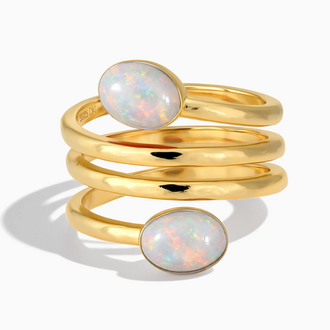 18KT Yellow Gold Vermeil Double Cabochon Opal Coil Ring - Endless Winding Front View