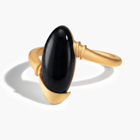 18KT Yellow Gold Vermeil Elongated Oval Black Onyx Sculptural Statement Ring - Cove Front View
