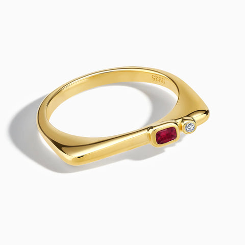 18KT Yellow Gold Vermeil Emerald Cut Ruby Puzzle Stacking Ring - Minimal Align Front View