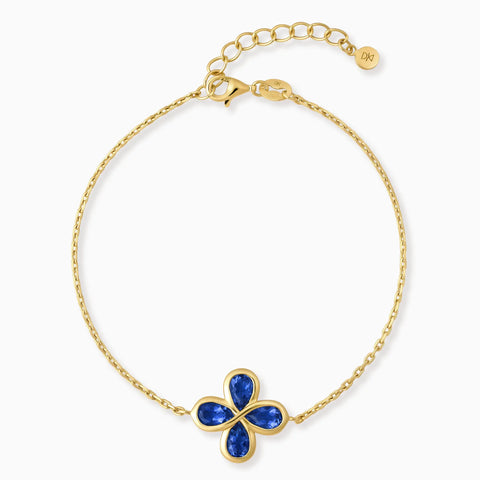 18KT Yellow Gold Vermeil Four-Leaf Clover Blue Sapphire Bracelet - Fortune Wish Front View