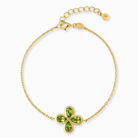18KT Yellow Gold Vermeil Four-Leaf Clover Peridot Bracelet - Fortune Wish Front View