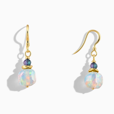 18KT Yellow Gold Vermeil Freeform Alexandrite & Opal Dangle Earrings - Woven Duet Front View
