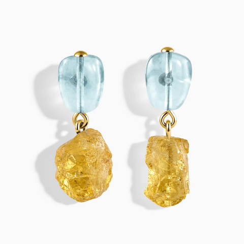 18KT Yellow Gold Vermeil Freeform Aquamarine & Raw Citrine Stud Earrings - Tethered Earth Front View