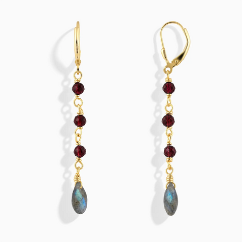 18KT Yellow Gold Vermeil Freeform Garnet & Labradorite Linked Dangle Earrings - Trailing Whispers Front View