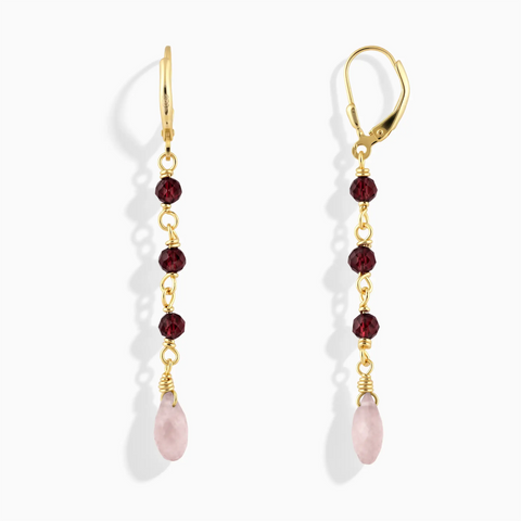18KT Yellow Gold Vermeil Freeform Garnet & Rose Quartz Linked Dangle Earrings - Trailing Whispers Front View