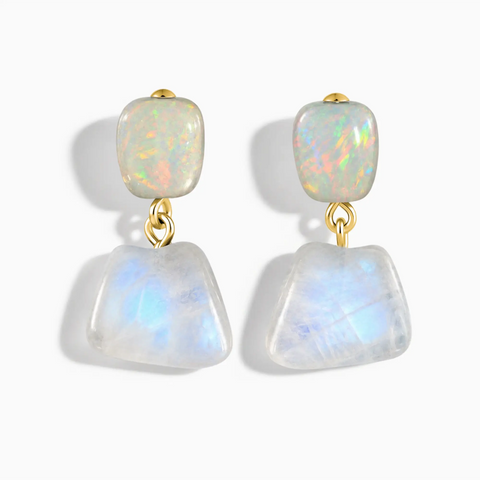 18KT Yellow Gold Vermeil Freeform Opal & Moonstone Stud Earrings - Linked Fate Front View