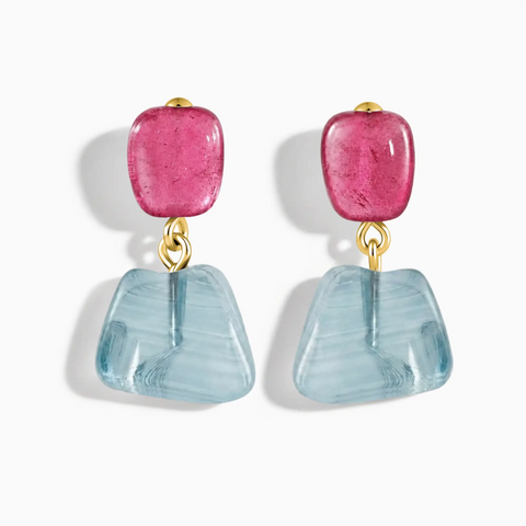 18KT Yellow Gold Vermeil Freeform Pink Tourmaline & Aquamarine Stud Earrings - Linked Fate Front View