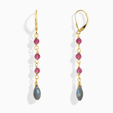 18KT Yellow Gold Vermeil Freeform Pink Tourmaline & Labradorite Linked Dangle Earrings - Trailing Whispers Front View