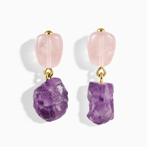 18KT Yellow Gold Vermeil Freeform Rose Quartz & Raw Amethyst Stud Earrings - Tethered Earth Front View