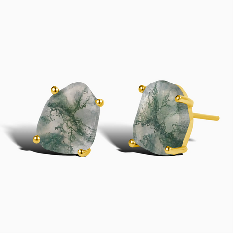18KT Yellow Gold Vermeil Geometric Freeform Moss Agate Stud Earrings - Facet Prism Front View