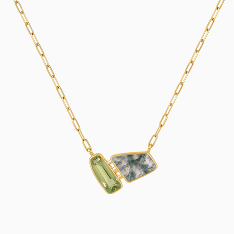 18KT Yellow Gold Vermeil Geometric Peridot & Moss Agate Necklace - Twofold Glow Front View