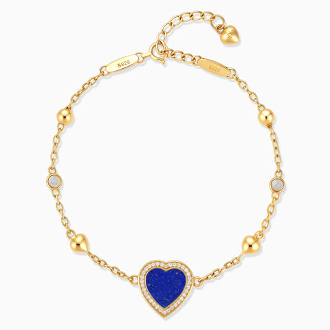 18KT Yellow Gold Vermeil Halo Heart Lapis Lazuli Station Bracelet - Sweet Love Front View