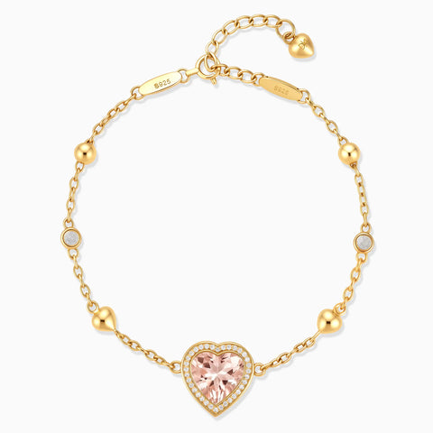 18KT Yellow Gold Vermeil Halo Heart Morganite Station Bracelet - Sweet Love Front View