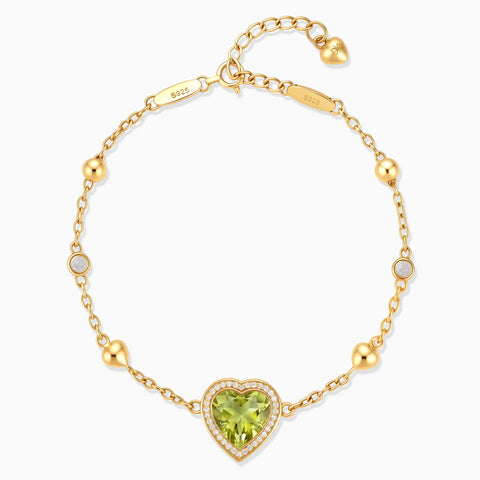 18KT Yellow Gold Vermeil Halo Heart Peridot Station Bracelet - Sweet Love Front View