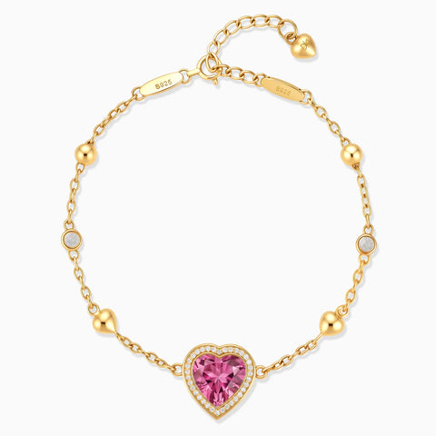 18KT Yellow Gold Vermeil Halo Heart Pink Tourmaline Station Bracelet - Sweet Love Front View
