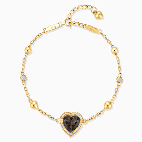 18KT Yellow Gold Vermeil Halo Heart Smoky Quartz Station Bracelet - Sweet Love Front View