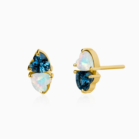 18KT Yellow Gold Vermeil Heart London Blue Topaz & Opal Toi et Moi Stud Earrings - Duality Front View