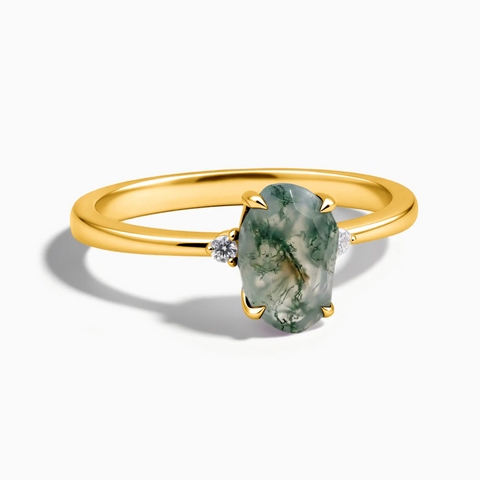 18KT Yellow Gold Vermeil Irregular Moss Agate Ring - Raw Aura Front View