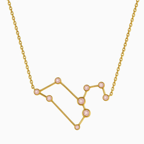 18KT Yellow Gold Vermeil Leo Zodiac Constellation Necklace - Rose Quartz Front View