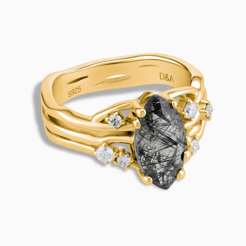 18KT Yellow Gold Vermeil Marquise Black Rutilated Quartz Branch-Like Ring - Regal Gleam Front View