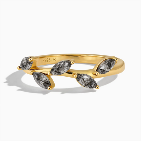 18KT Yellow Gold Vermeil Marquise Black Rutilated Quartz Leaf Ring - Secret Garden Front View