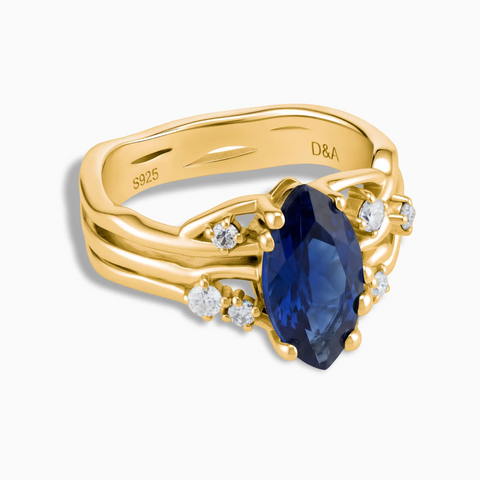 18KT Yellow Gold Vermeil Marquise Blue Sapphire Branch-Like Ring - Regal Gleam Front View