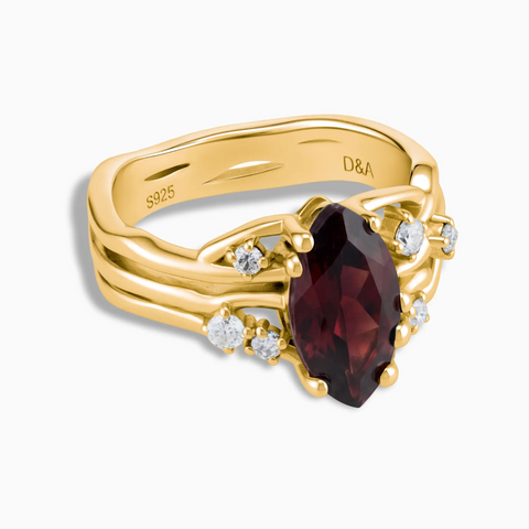 18KT Yellow Gold Vermeil Marquise Garnet Branch-Like Ring - Regal Gleam Front View