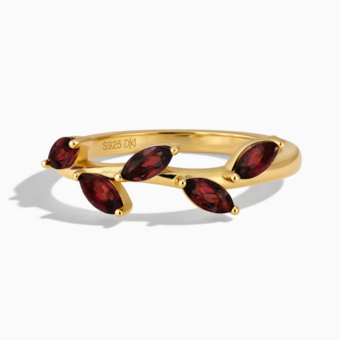 18KT Yellow Gold Vermeil Marquise Garnet Leaf Ring - Secret Garden Front View