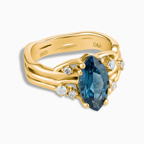 18KT Yellow Gold Vermeil Marquise London Blue Topaz Branch-Like Ring - Regal Gleam Front View