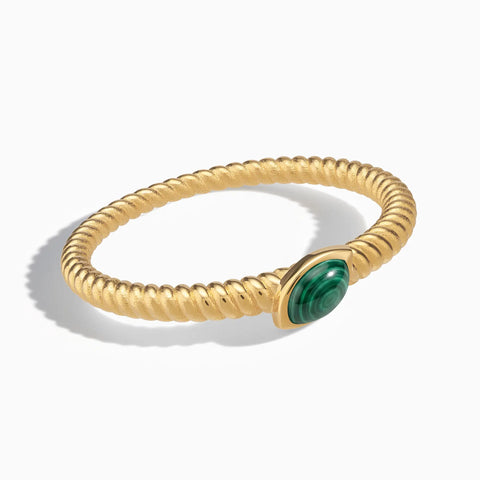 18KT Yellow Gold Vermeil Marquise Malachite Twisted Ring - Spiral Spectrum Front View