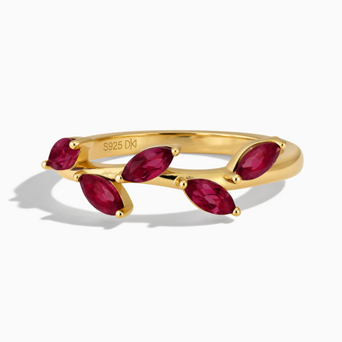 18KT Yellow Gold Vermeil Marquise Ruby Leaf Ring - Secret Garden Front View